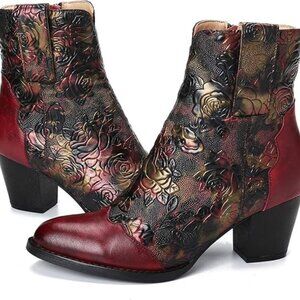 Gracosy Block Heel Ankle Booties, Women's Leather Ankle Boots Bohemian Splicing
